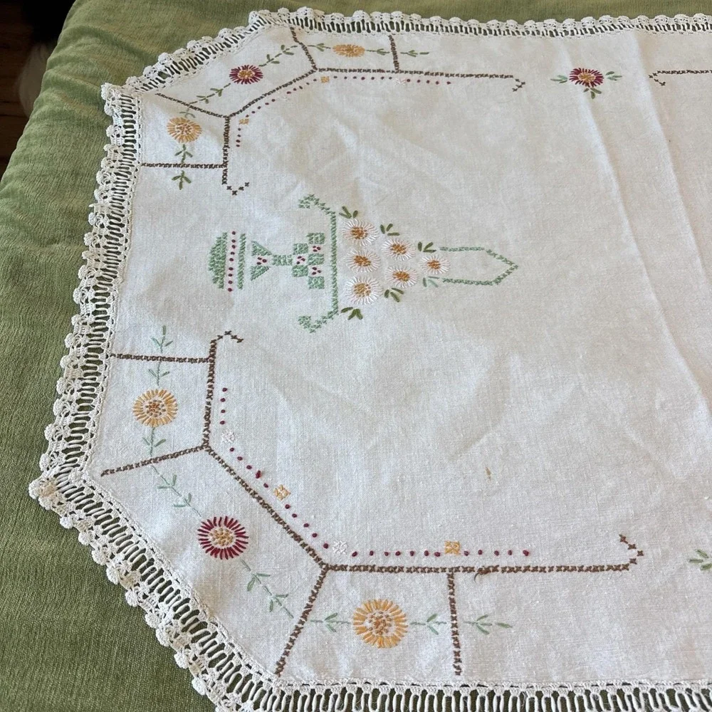 VTG Gorgeous Handmade Cross Stitch Table Cover / Dresser Cover Lace Edge 36.5x27
